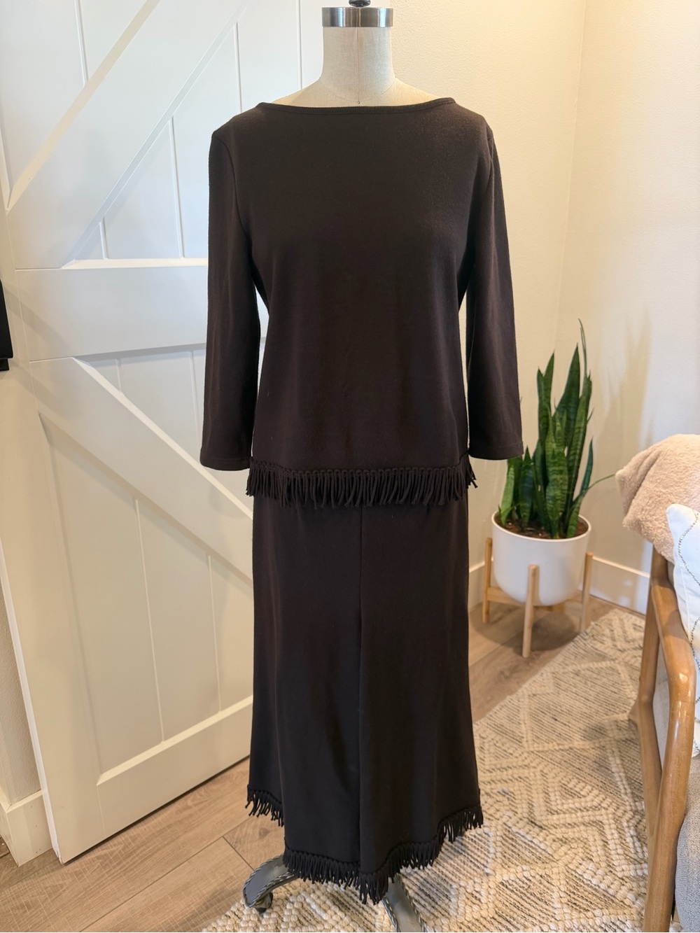 Nina Leonard Brown Knit Top and pant with fringe trim
